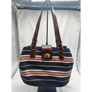 Striped Shoulder Bag Womens Medium Blue Brown Knit Turn Lock Purse Pouch Boho